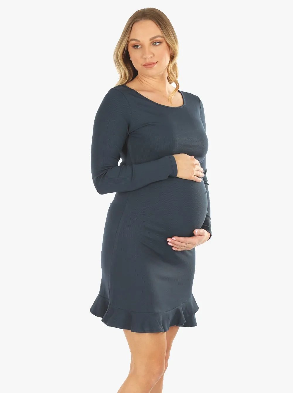 Alethea Teal Long Sleeve Maternity Frilled End Bodycon Dress