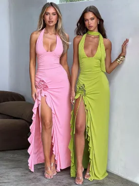 Elegant Ruffle Slit Halter Maxi Dress