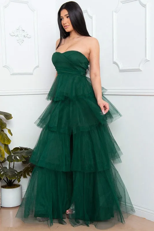 Hunter Green Mesh Tulle Fabric Tube Top Maxi Ress