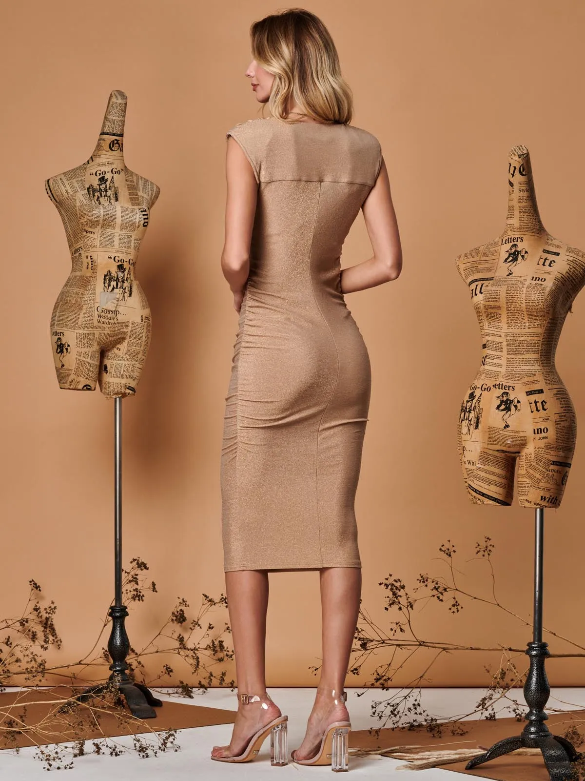 Metallic Sparkly Ruched Bodycon Dress, Gold