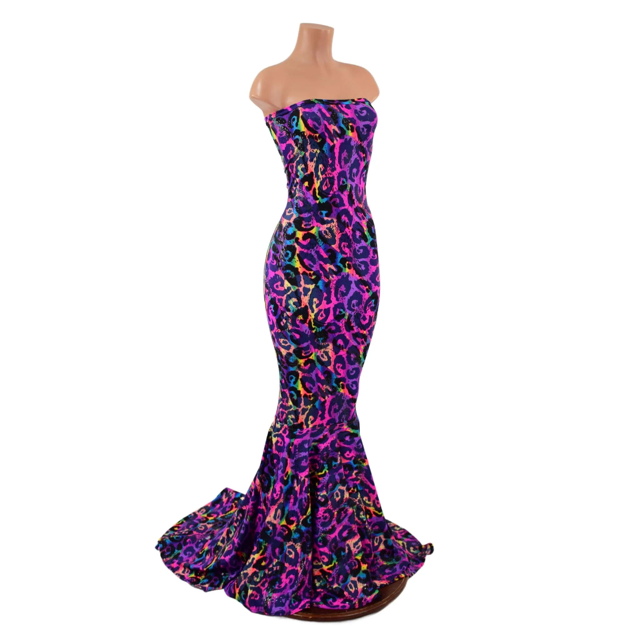 Rainbow Leopard Strapless Gown with Puddle Train