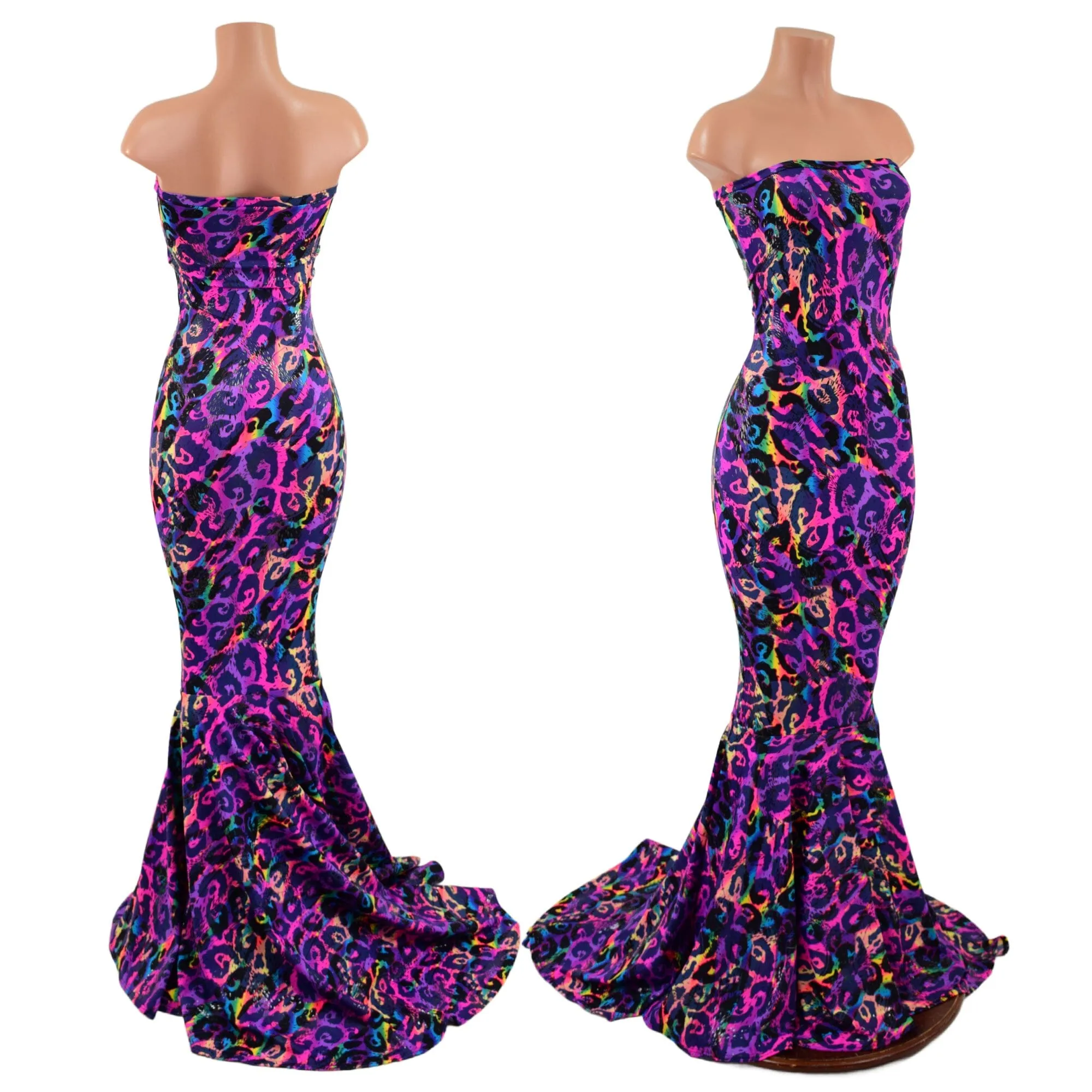 Rainbow Leopard Strapless Gown with Puddle Train