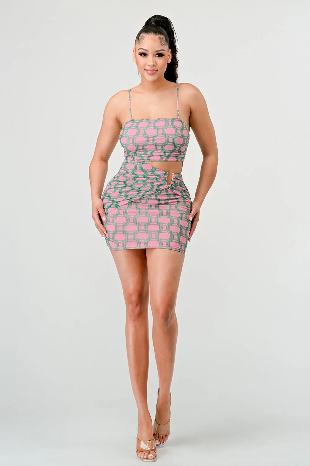 SEXY MESH PRINT GOLD HOOK SLEEVELESS MINI DRESS
