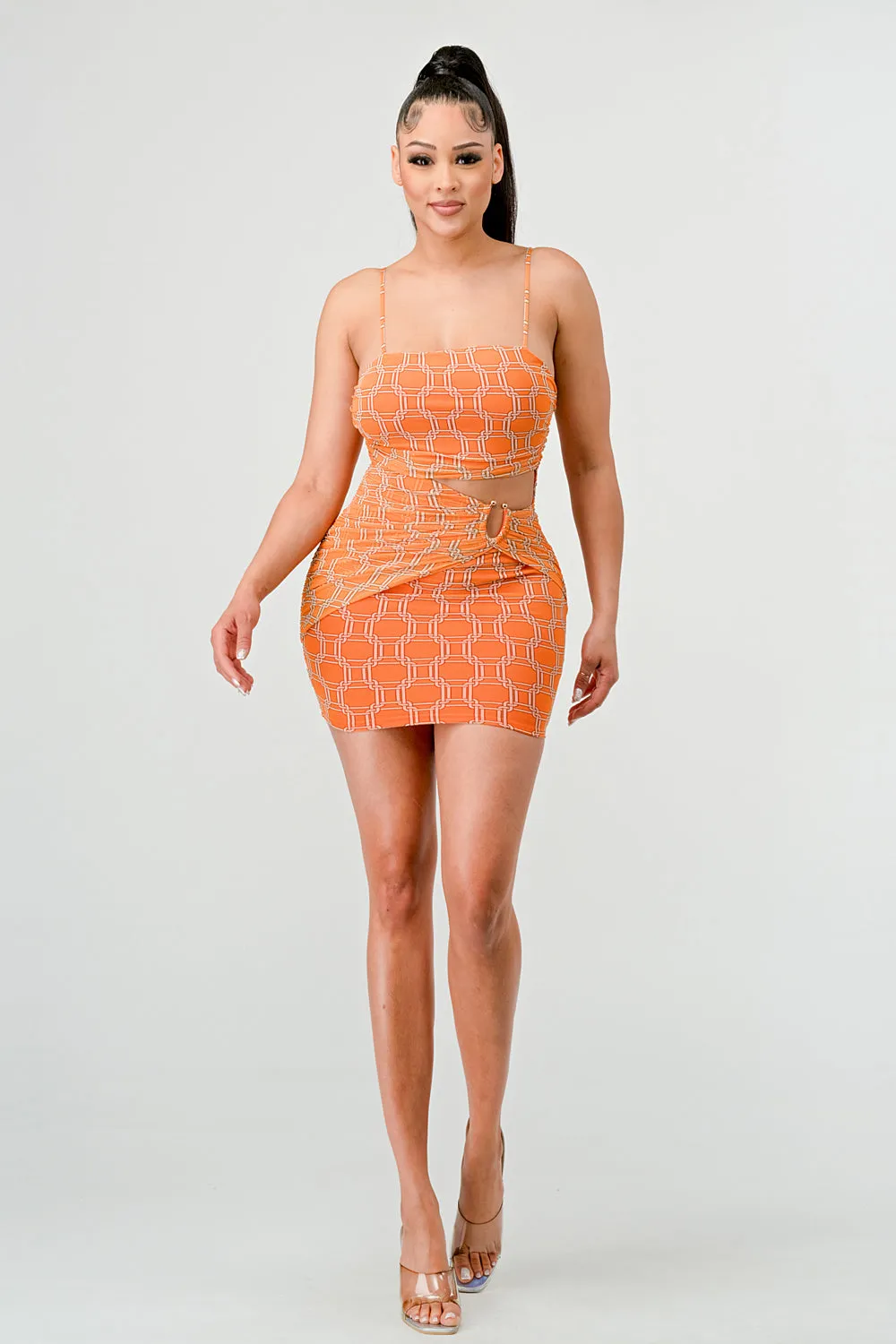 SEXY MESH PRINT GOLD HOOK SLEEVELESS MINI DRESS