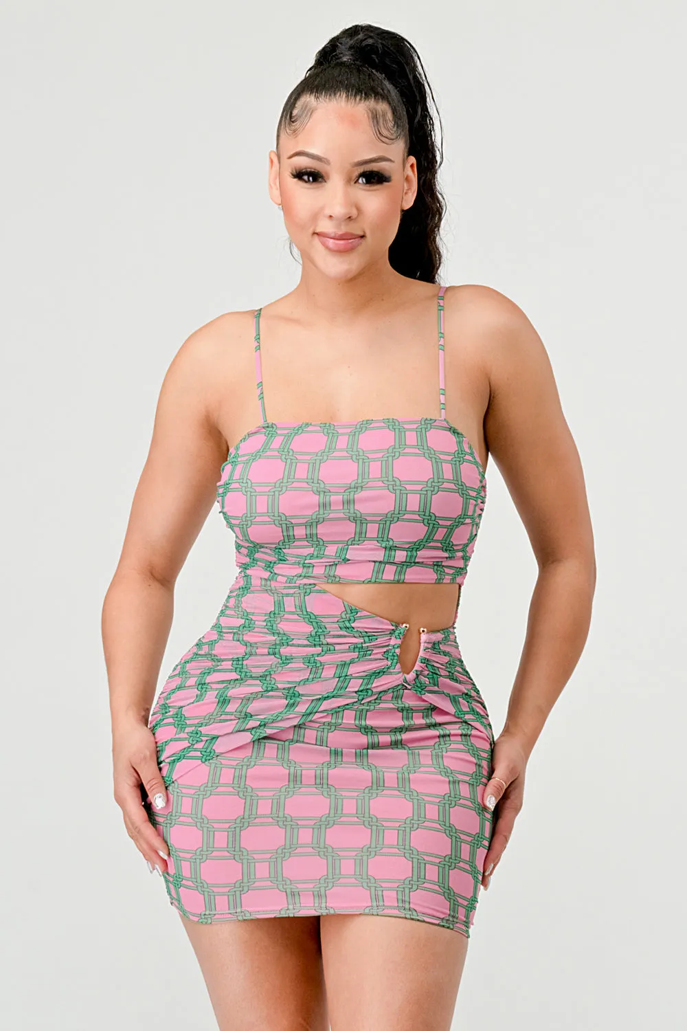 SEXY MESH PRINT GOLD HOOK SLEEVELESS MINI DRESS