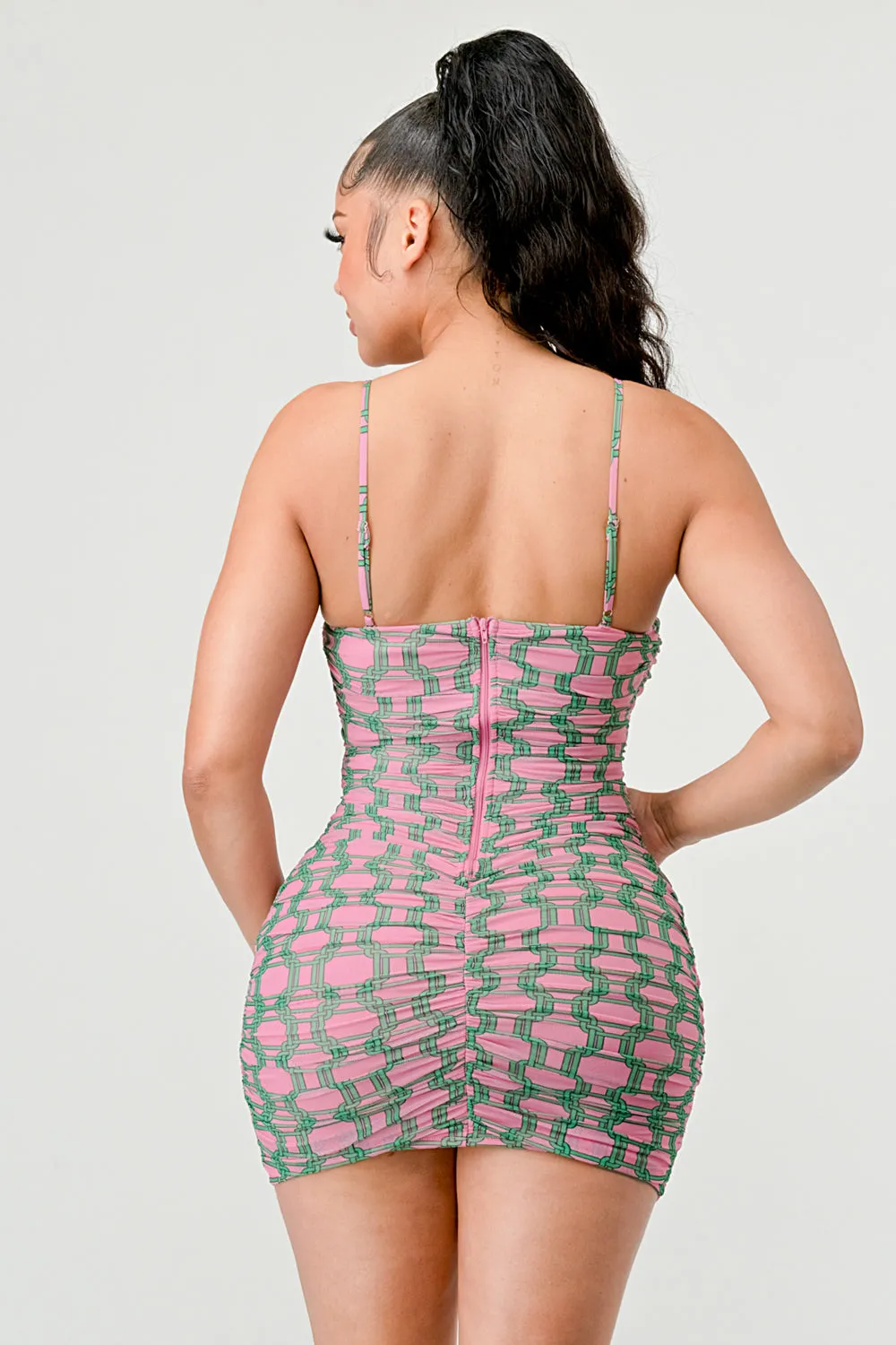 SEXY MESH PRINT GOLD HOOK SLEEVELESS MINI DRESS