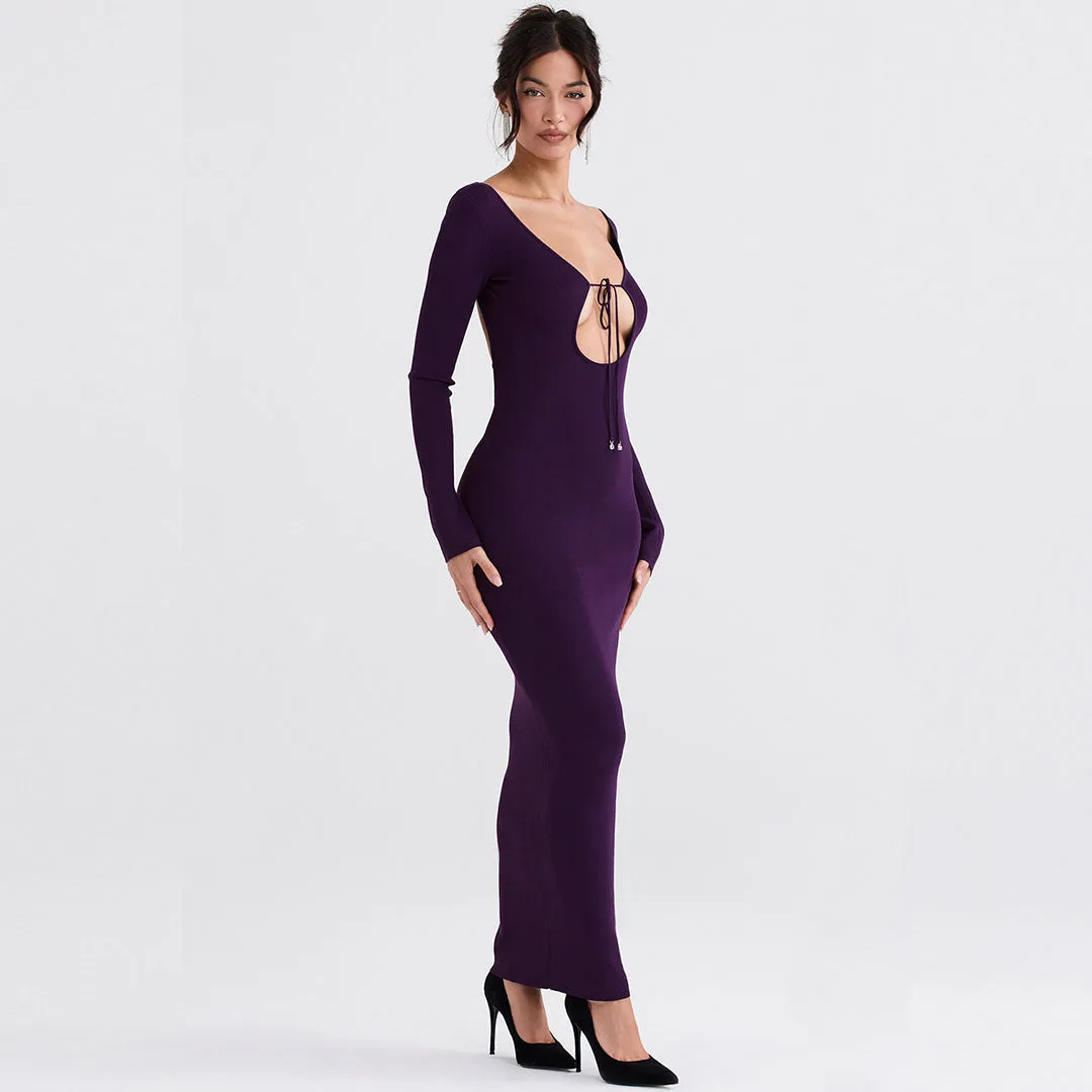 Solid Color Long Sleeve Bodycon Maxi Dress - Purple