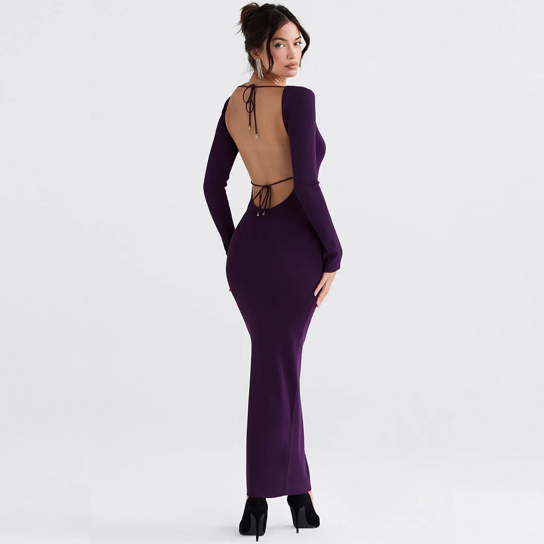 Solid Color Long Sleeve Bodycon Maxi Dress - Purple