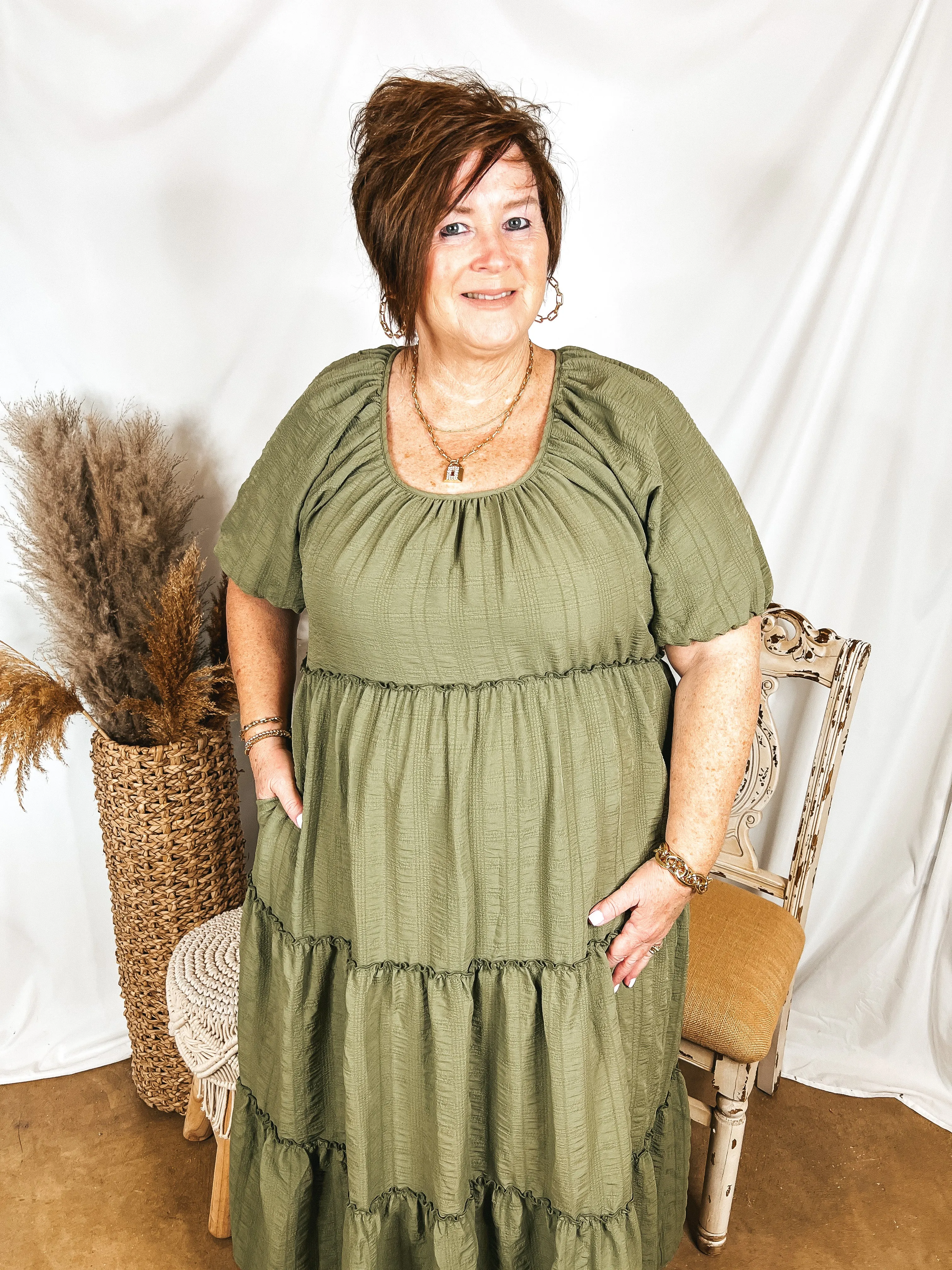 Sweetest Moments Ruffle Tiered Maxi Dress in Olive Green