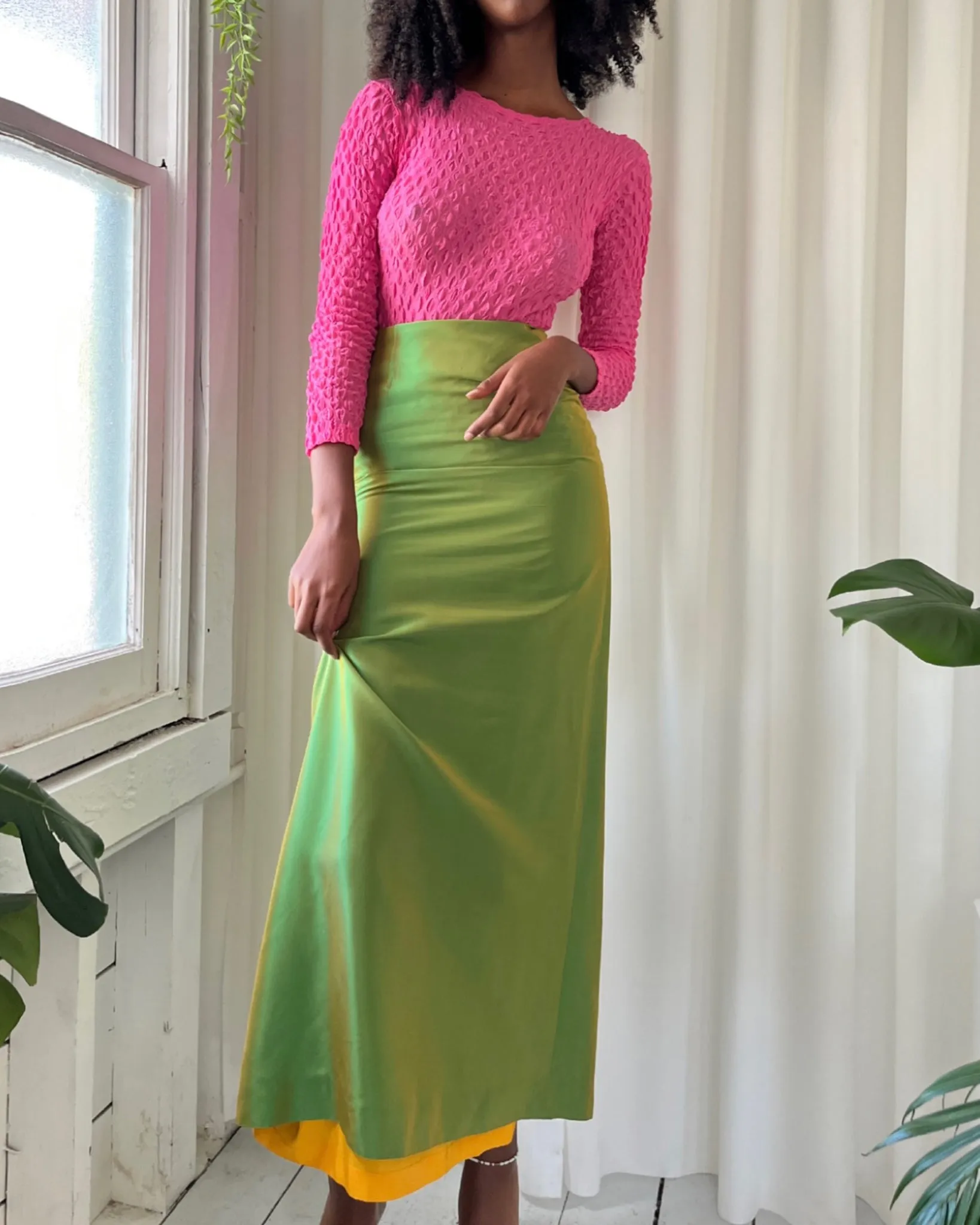 Y2K Iridescent Green Maxi Skirt | XS